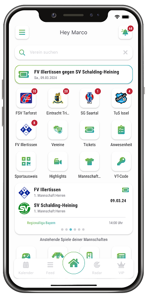 Homescreen in Vereinsticket App