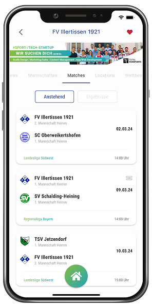 Vereinsseite mit Matches in Vereinsticket App