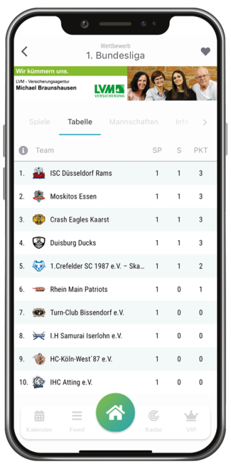 Tabelle der 1. Inline-Skaterhockey-Bundesliga in der Vereinsticket App