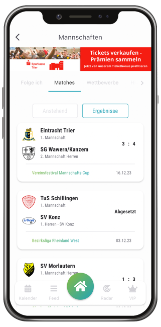 Screenshot Ergebnisse in Vereinsticket App