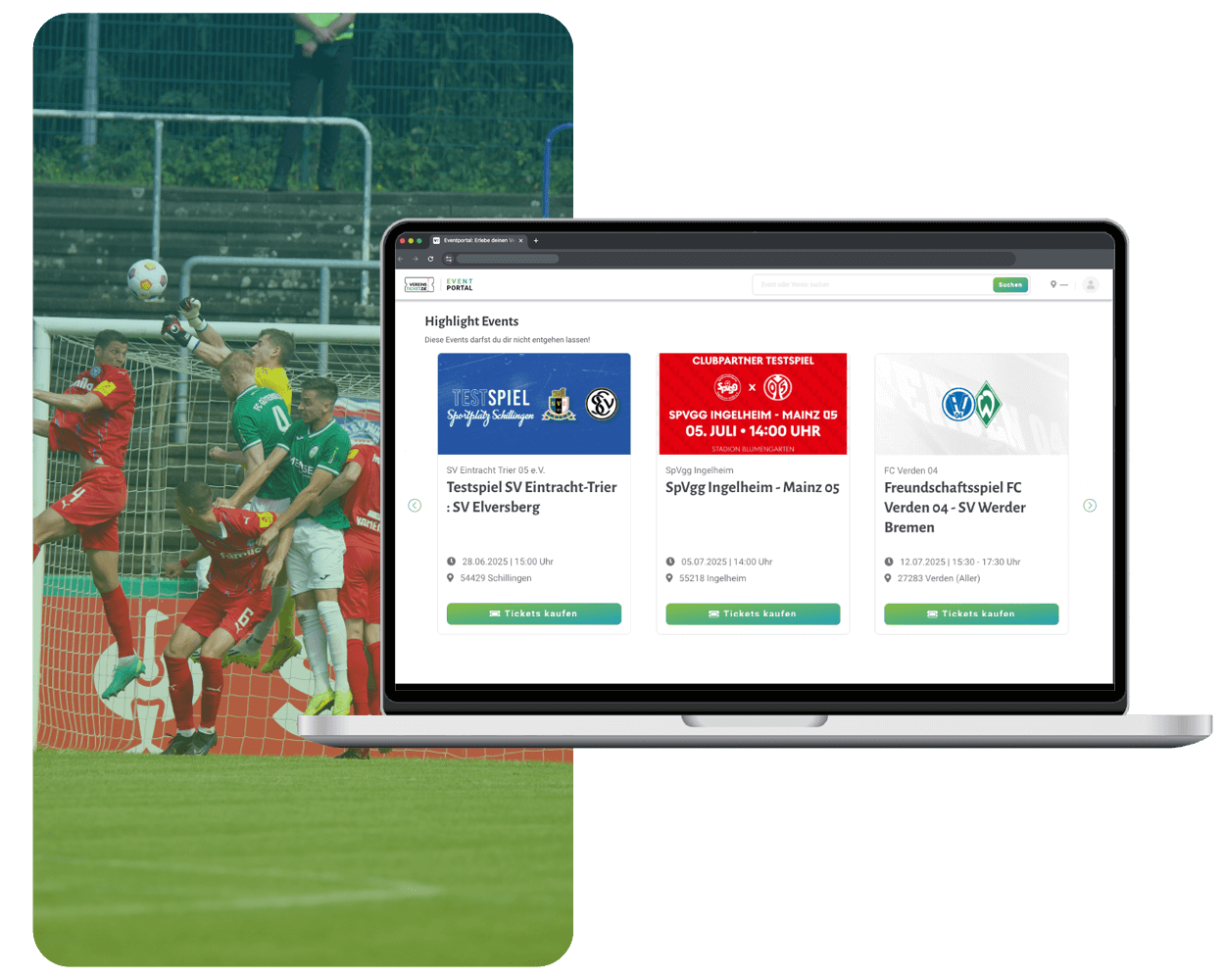 Laptopscreen Highlightevents in Vereinsticket Eventportal, Foto Fußballspiel im Hintergrund