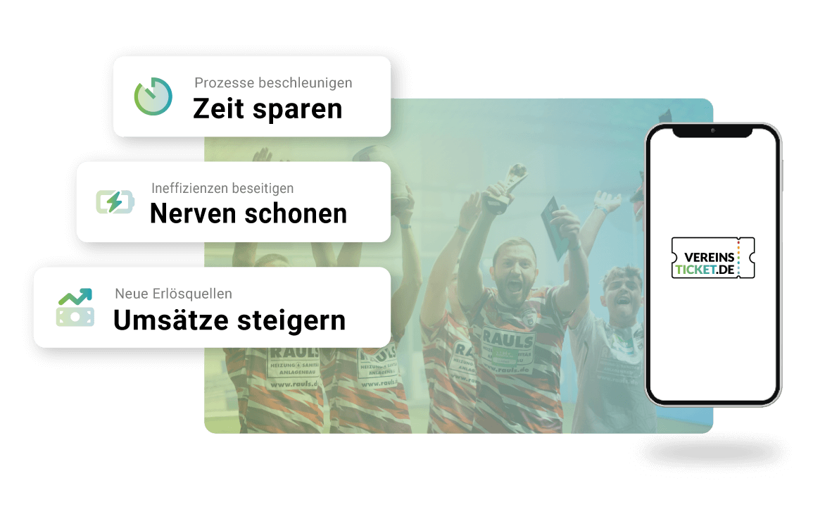 Handy mit Vereinsticket-Logo und im Hintergrund feiernde Sportler