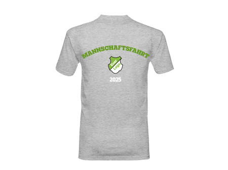 Graues T-Shirt mit der Aufschrift "Mannschaftsfahrt 2025" und einem generischen Vereinslogo auf der Brust