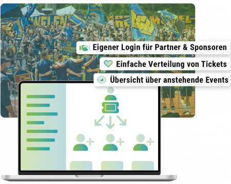 Handyscreen mit QR Code, feiernde Mannschaft mit Fans im Hintergrund