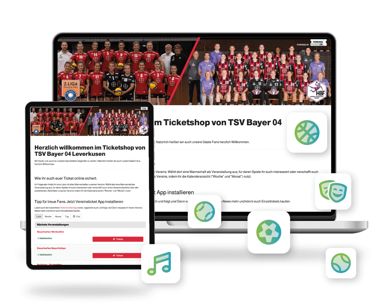 Laptop- und Tabletscreen Beispielticketshop, Logos für verschiedene Vereinsarten