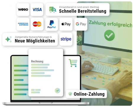 Laptopscreen Beispielticketshop, Logos Zahlungsoptionen, Foto von Bildschirm mit erfolgreicher Buchung
