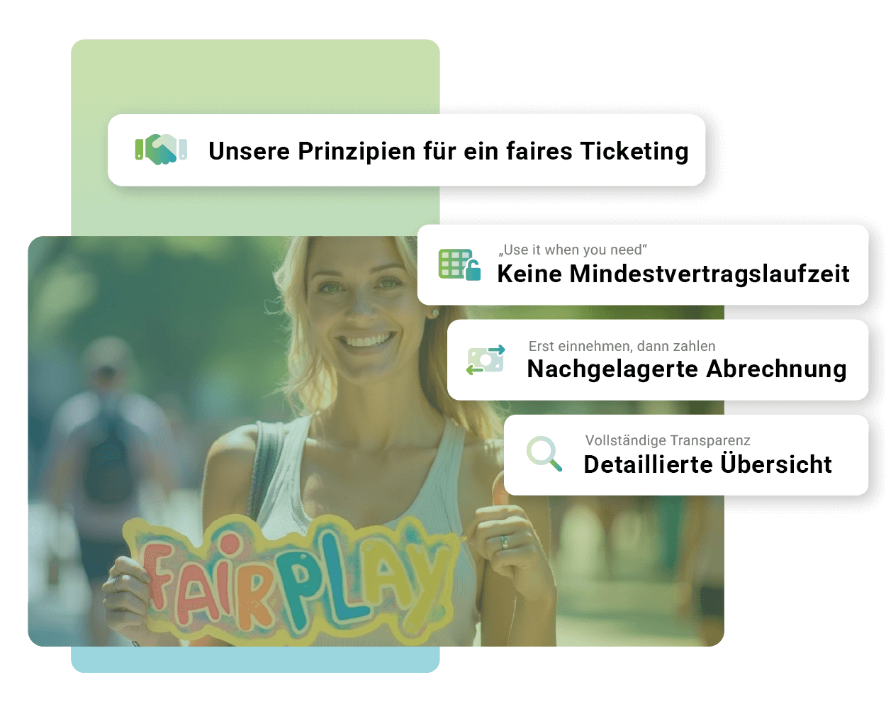 Stichpunkte zu Kosten von Vereinsticket, lächelnde Frau mit Schild "Fairplay" im Hintergrund