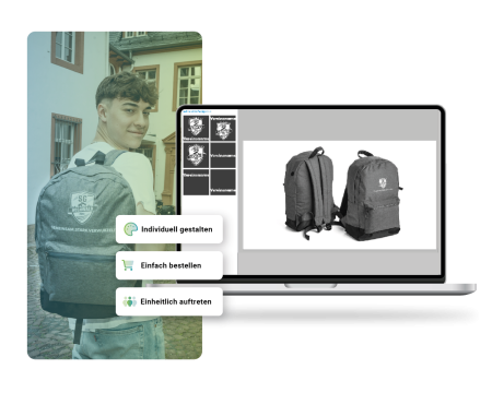Laptopscreen Vereinsbedarf, junger Mann mit Rucksack von Vereinsbedarf im Hintergrund