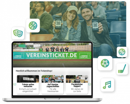 Handy- und Laptopscreen Beispielticketshop, Bild lächelndes Pärchen mit Tickets im Hintergrund