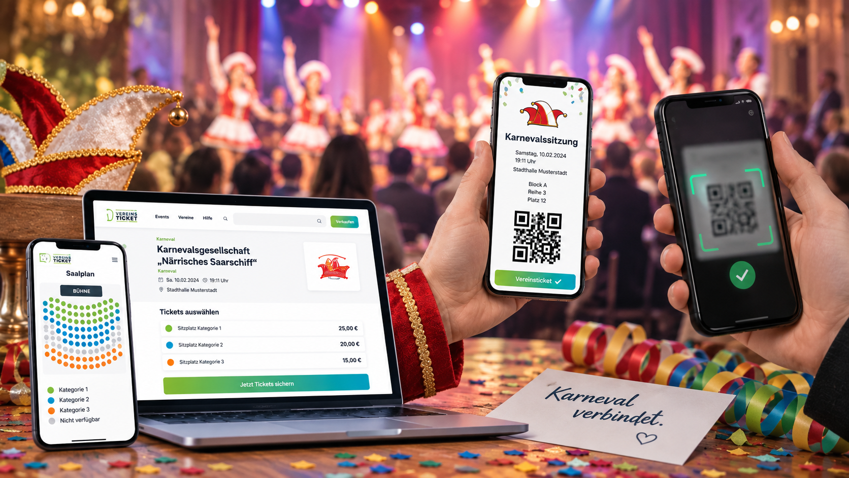 Karnevals-Ticketshop auf Smartphone und Laptop mit digitalem Ticket-Scan und Sitzungspublikum im Hintergrund
