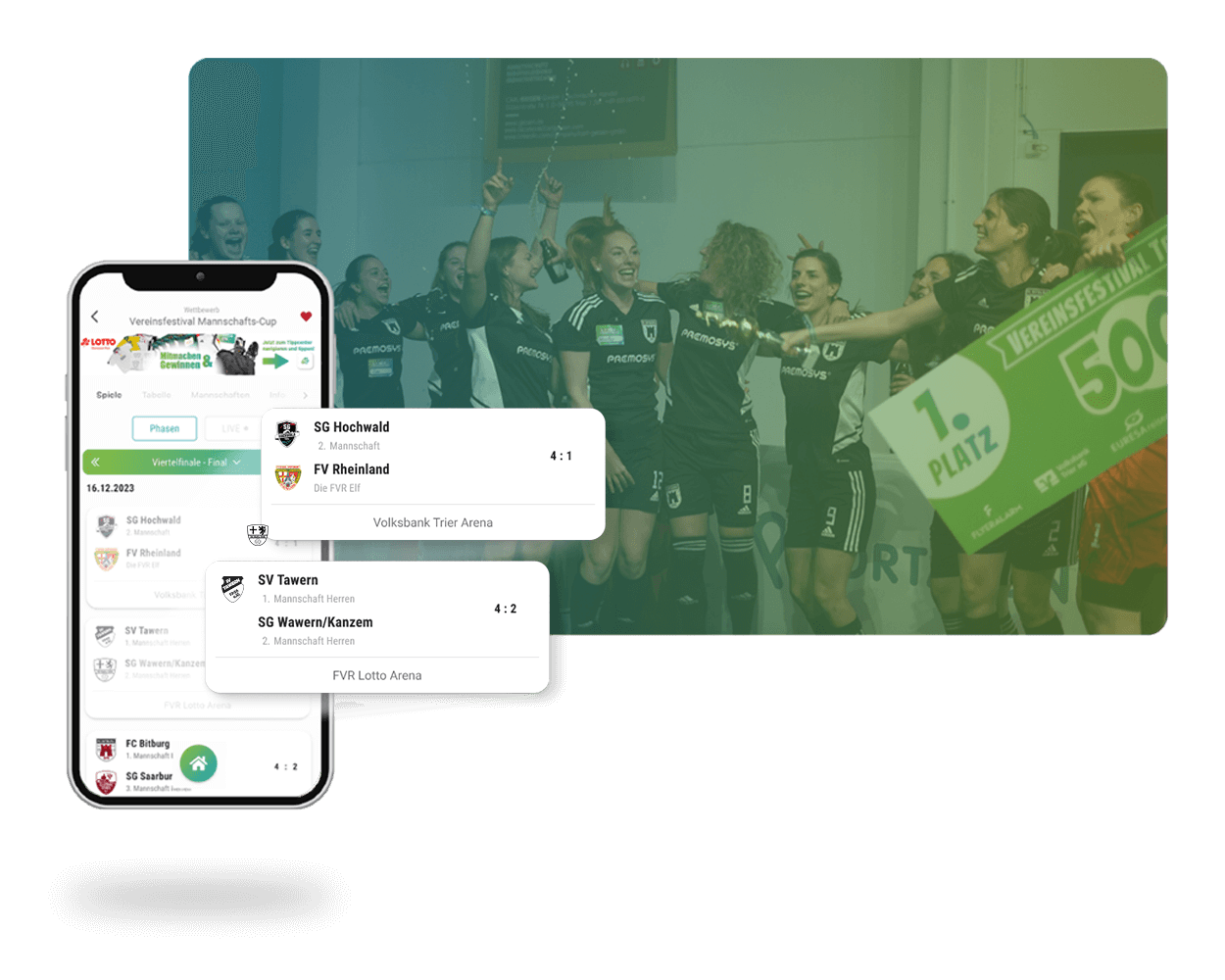 Handyscreen Spielpaarungen, Bild der Gewinner vom Vereinsfestival im Hintergrund