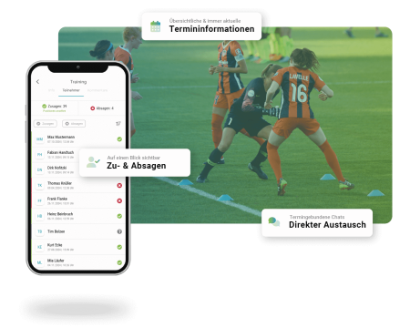 Handyscreen Teilnehmerliste, Spielausschnitt Frauenfussball im Hintergrund