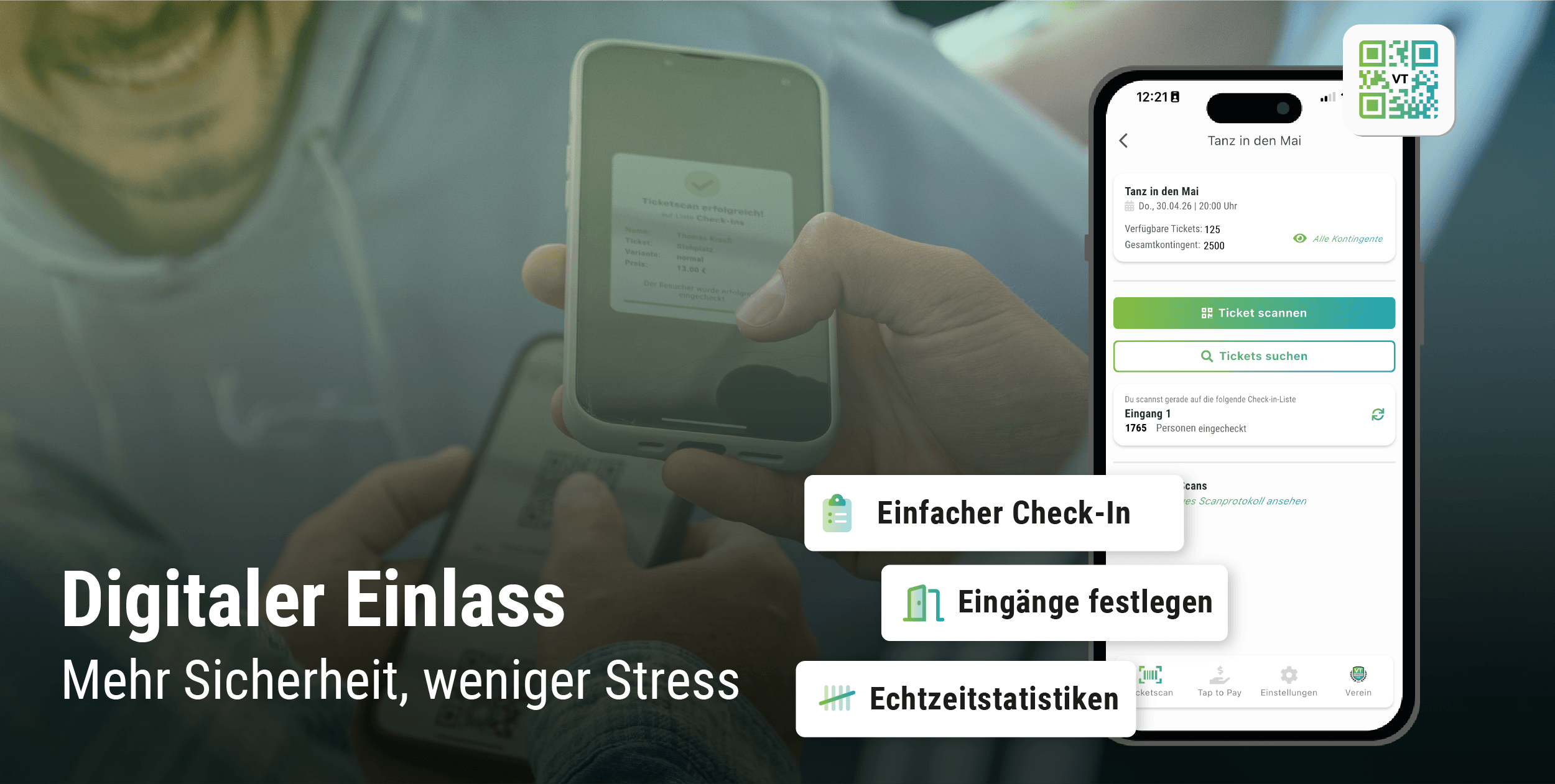 Grafik zum digitalen Einlass mit Vereinsticket: Smartphone mit VT Scan & Co App, QR-Code-Symbol und Hinweise auf Check-in, Eingangsverwaltung und Echtzeitstatistiken.