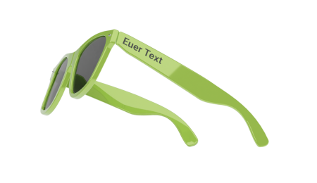 Grüne Sonnenbrille mit der Aufschrift "Euer Text" auf dem linken Bügel