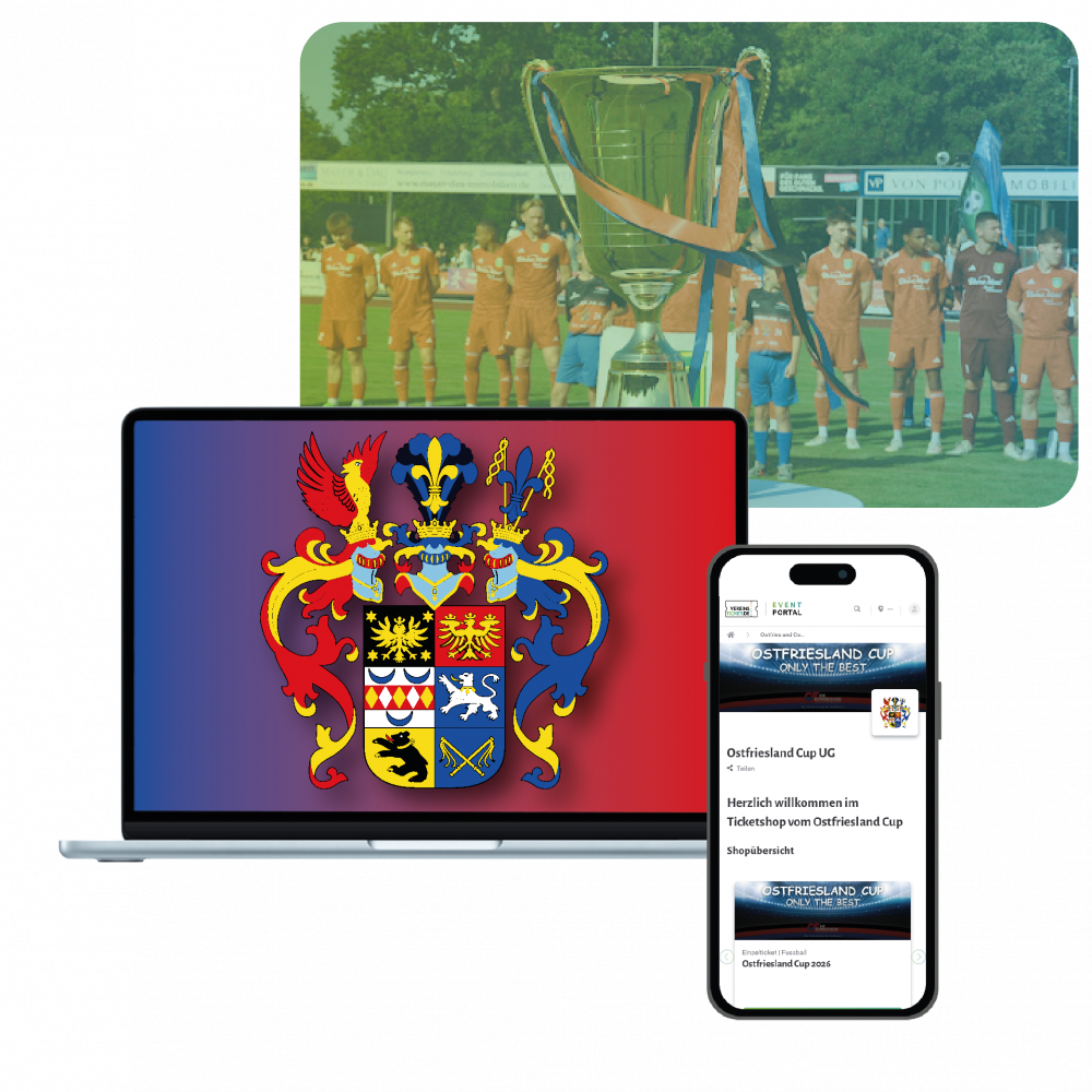 Laptop- und Handyscreen Eventportal Ostfriesland-Cup, Vild vom Pokal im Hintergrund