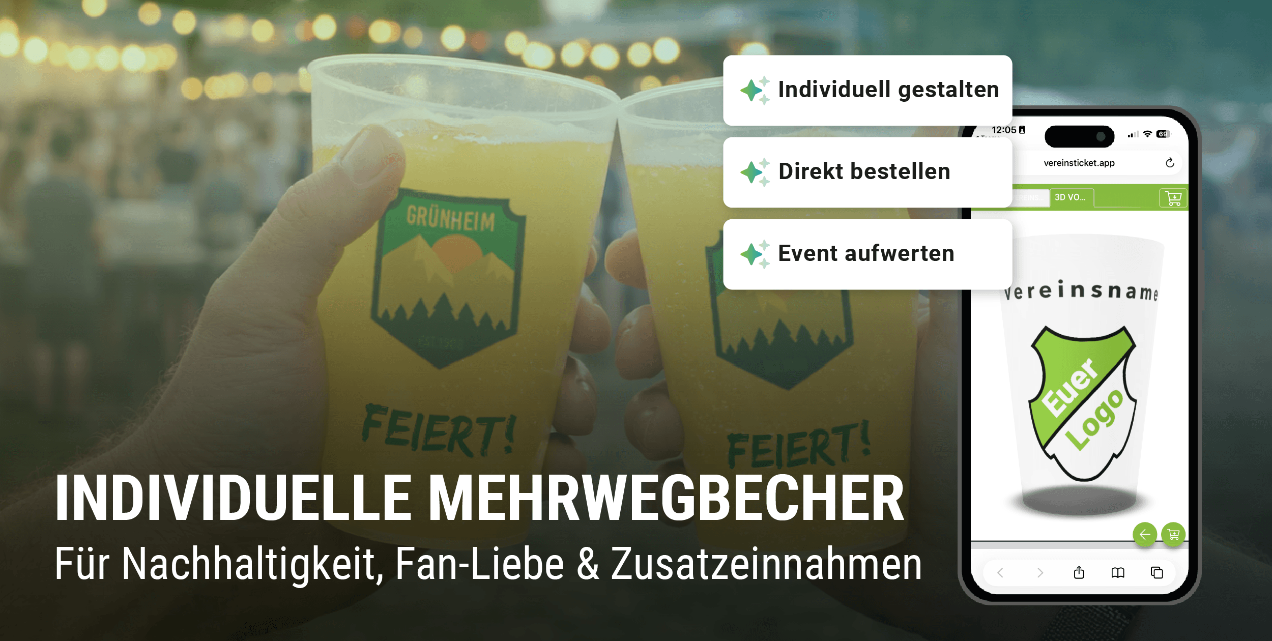 Zwei Personen, die mit bedruckten Mehrwegbechern anstoßen