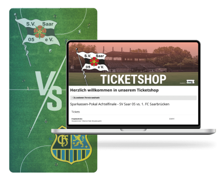 Laptopscreen Ticketshob zum Spiel, Spielfeld mit Teamlogos im Hintergrund