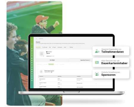 Laptopscreen Teilnehmerdaten, jubelnde Fans im Stadion im Hintergrund