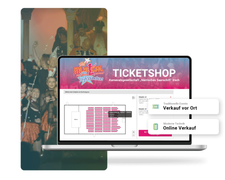 Laptopscreen Sitzplan im Ticketshop von Närrishces Saarschiff, Nahaufnahme Orchester im Hintergrund