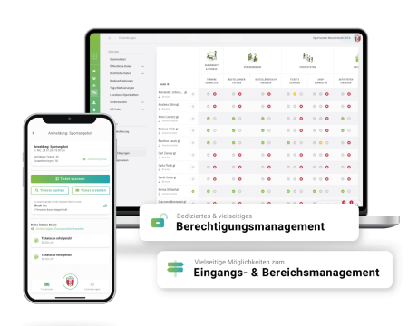 Laptop- und Handyscreen Berechtigungsmanagement sowie Eingangs- und Bereichsmanagement