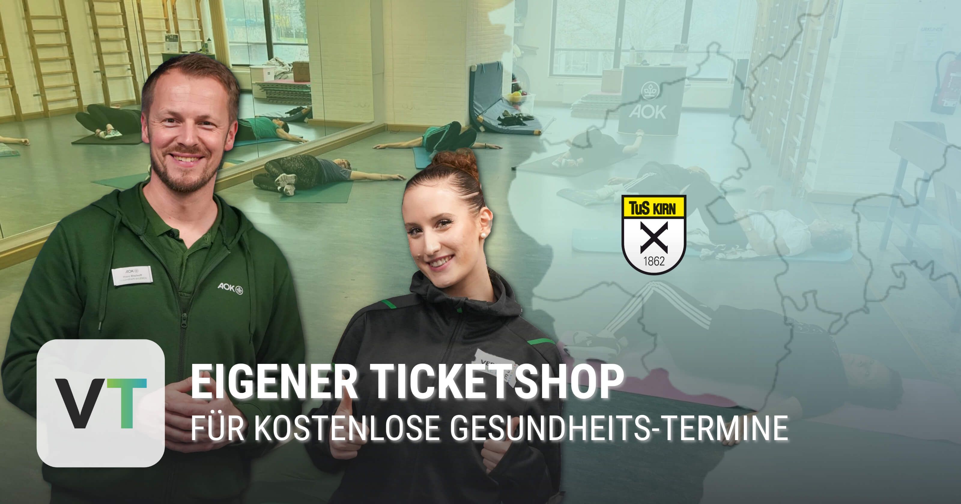 Mitarbeiter AOK und Vereinsticket, Bild von Team beim Dehnen im Hintergrund