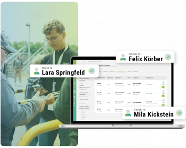 Laptopscreen von Ticketmanagement, Bild von Publikum im Hintergrund