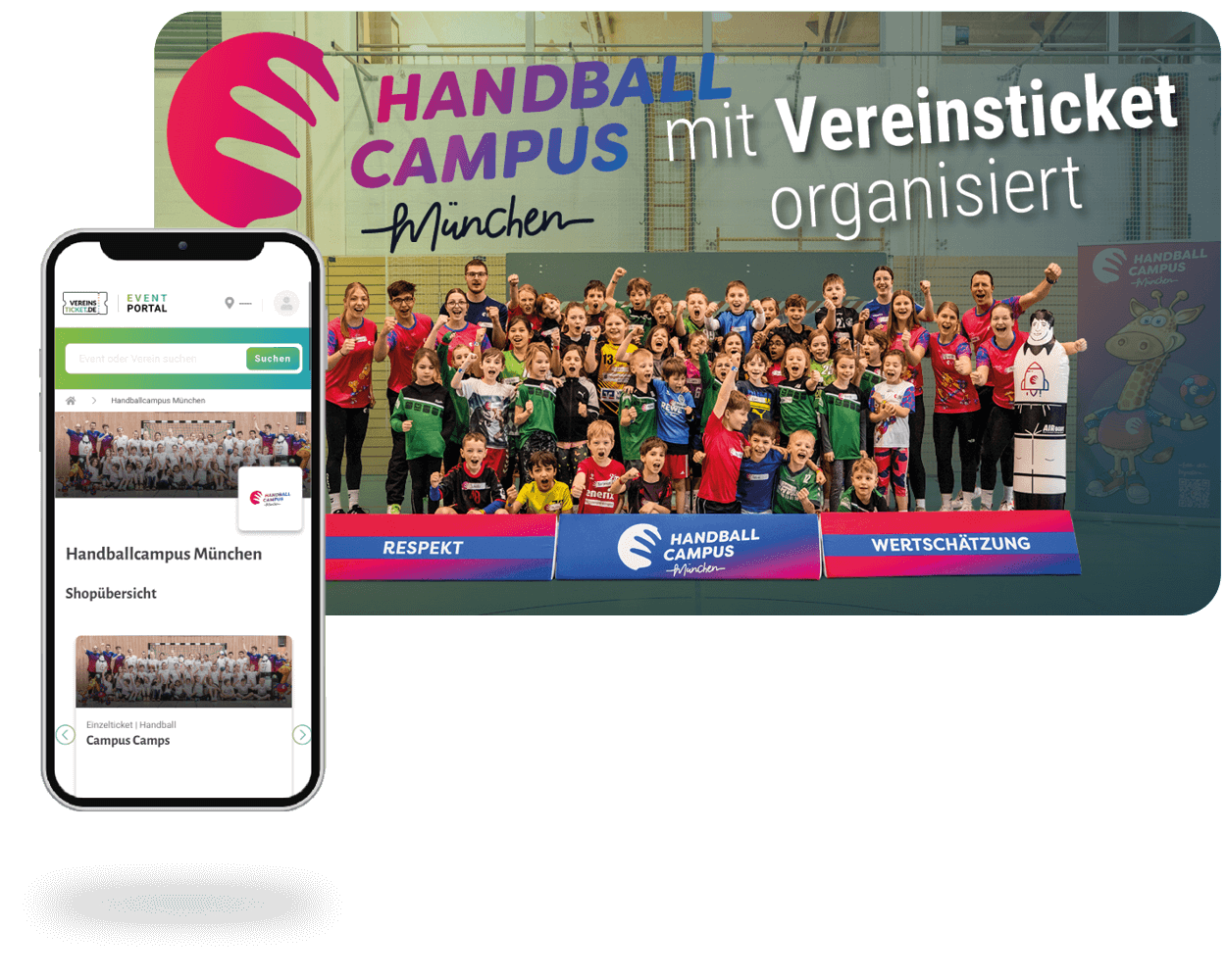 Handyscreen Ticketshop Handballcampus München, Gruppenbild eines Trainingslagers im Hintergrund