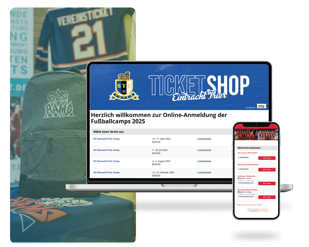 Laptop- und Handyscreen Beispielticketshop, individualiserter Vereinsbedarf im Hintergrund