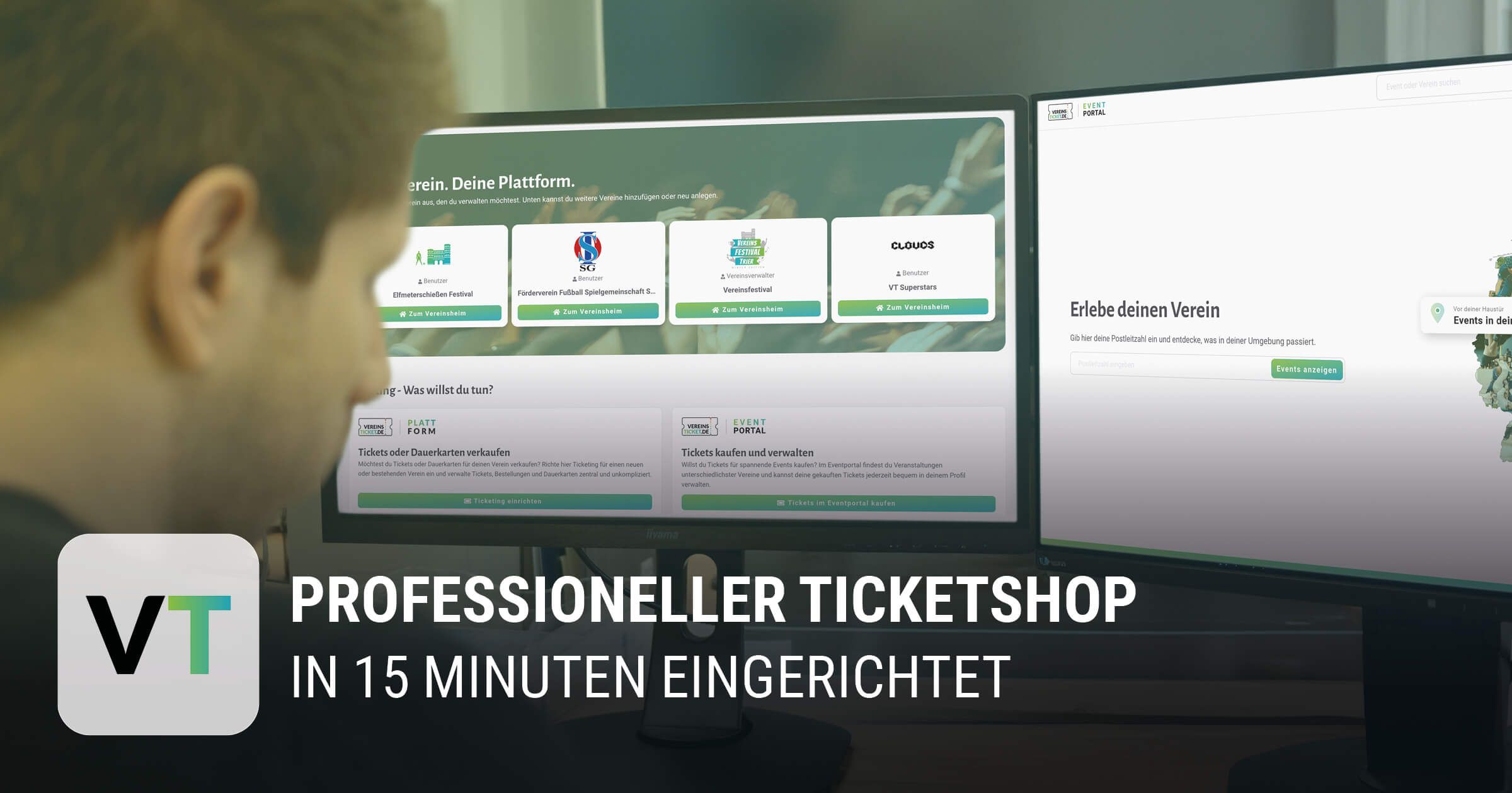 Mann vor zwei Bildschirmen, die die Vereinsticket-App zeigen