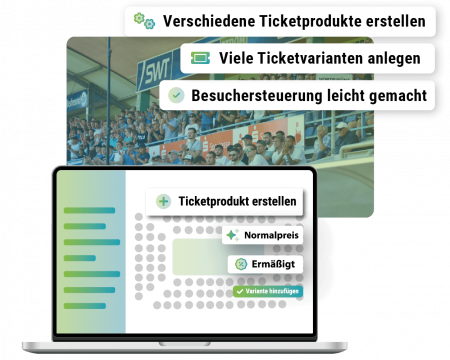 Laptopscreen mit Ticketoptionen und Handyscreen mit Ticket inklusive QR Code