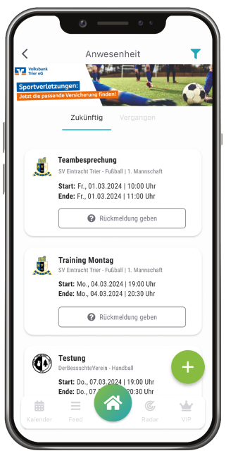 Screenshot Termine in Vereinsticket App