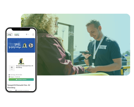 Handyscreen Eventportal, Mitarbeiter beim Ticket scannen im Hintergrund