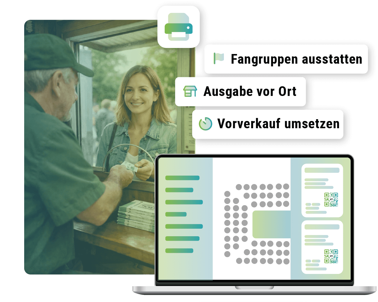 Laptopscreen Ticketplanung, Bild Tickethäuschen mit zwei Personen beim Ticketverkauf