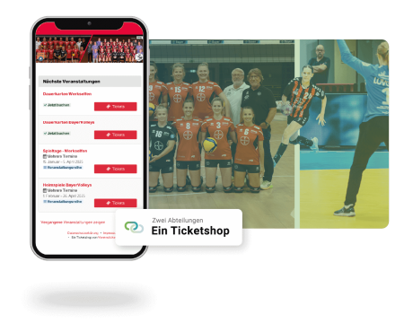 Handyscreen Ticketshop TSV Bayer 04 Leverkusen, Bild Frauenhandball- und Volleyballmannschaft im Hintergrund