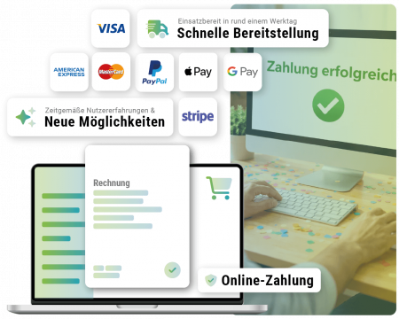 Laptop mit Ticketshop und diverse Icons verschiedener Zahlarten