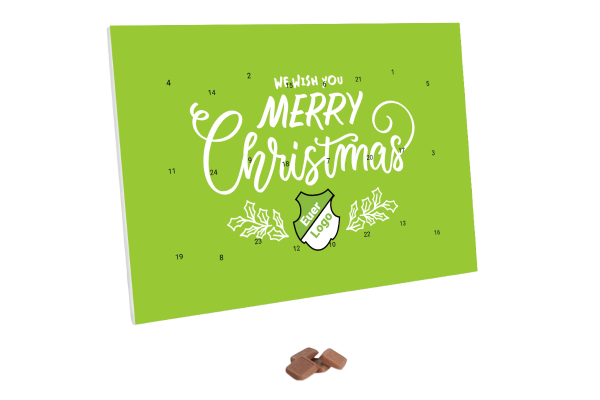 Adventskalender mit der Aufschrift "Merry Christmas" und einem Vereinslogo