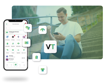 Handyscreen Vereinsticket App, sitzender Mann mit Handy im Hintergrund