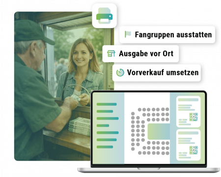 Laptopscreen Ticketplanung, Bild Tickethäuschen mit zwei Personen beim Ticketverkauf