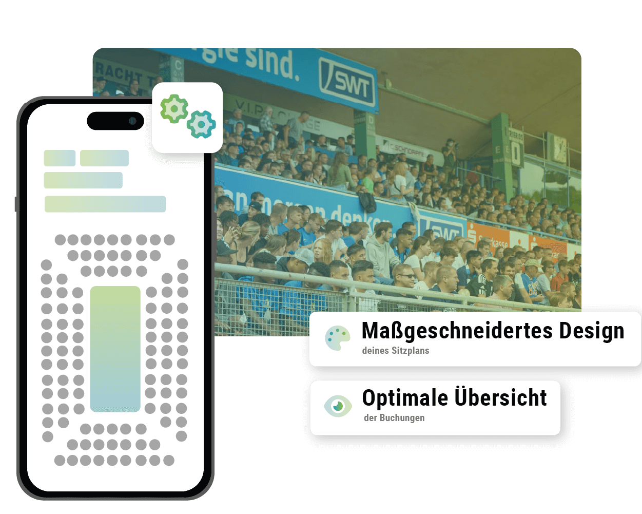 Handyscreen Sitzplan, Bild Tribüne mit Fans im Hintergrund