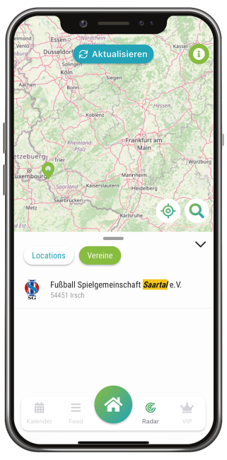 Screenshot Ortssuche in Vereinsticket App