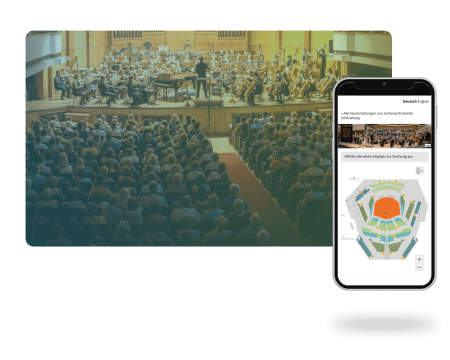 Handyscreen mit Beispielsitzplan, Orchesterkonzert im Hintergrund