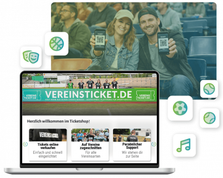 Laptop und Handy mit Ticketshop, zwei in die Kamera lachende Personen im Hintergrund