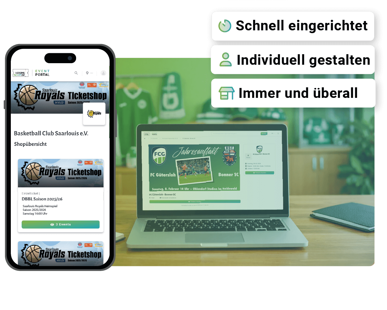 Handyscreen Vereinsticketlogo, Aufzählung Vorteile Ticketshop, feiernde Sportler im Hintergrund