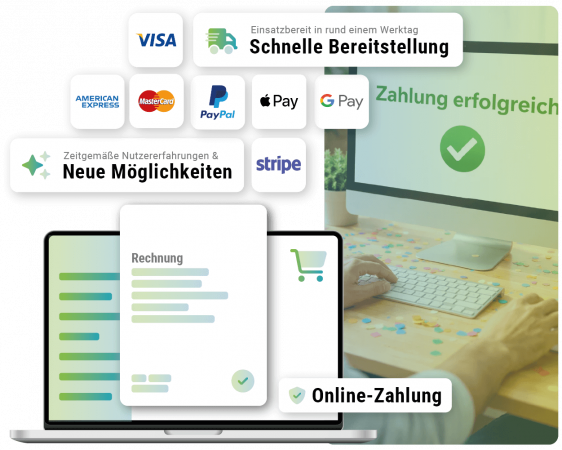Laptopscreen Beispielticketshop, Logos Zahlungsoptionen, Foto von Bildschirm mit erfolgreicher Buchung