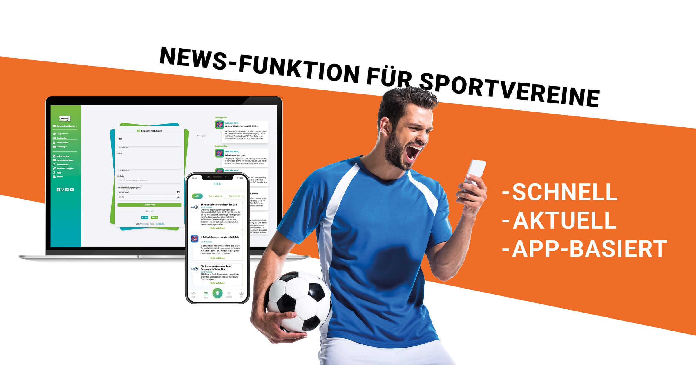 Header Vereinsticket News-Funktion für Sportvereine zum Informieren von Anhängern und Aktivieren von Fans