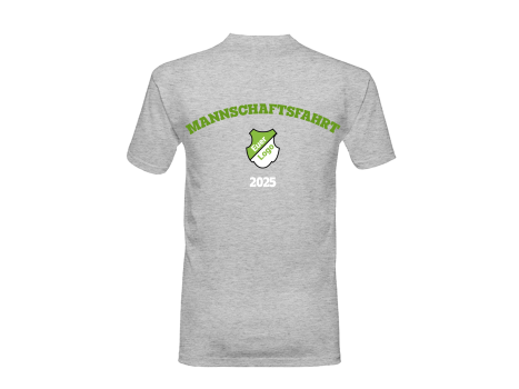 Graues T-Shirt mit der Aufschrift "Mannschaftsfahrt 2025" und einem generischen Vereinslogo auf der Brust