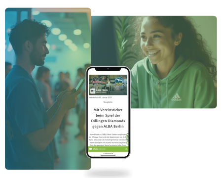Handyscreen Newsletter, Mann am Handy und fröhliche Frau im Hintergrund