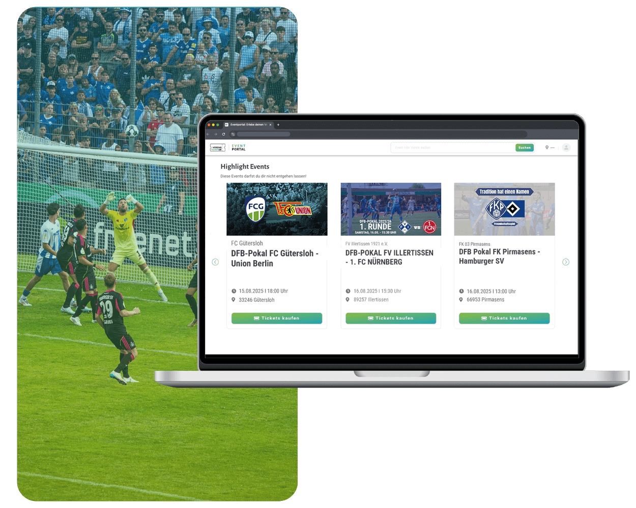 Fußballspiel Parade und Eventportal im Laptopscreen