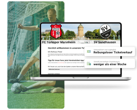 Laptopscreen Ticketshop Türkspor Mannheim, Fußballer beim Spiel im Hintergrund