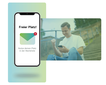 Handyscreen Benachrichtigung freier Platz, sitzender Mann mit Handy im Hintergrund